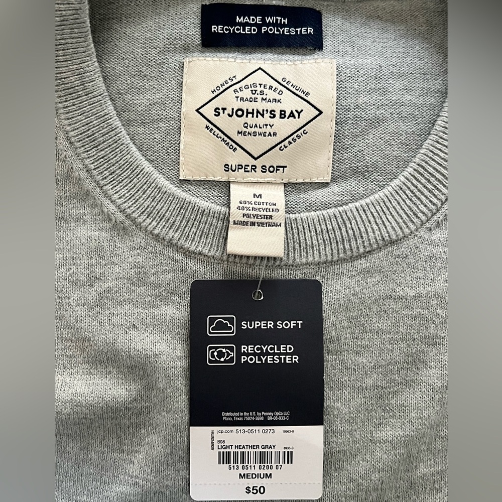 Men's St. John's Bay Crew Neck Grey Sweater Size M - New With Tags